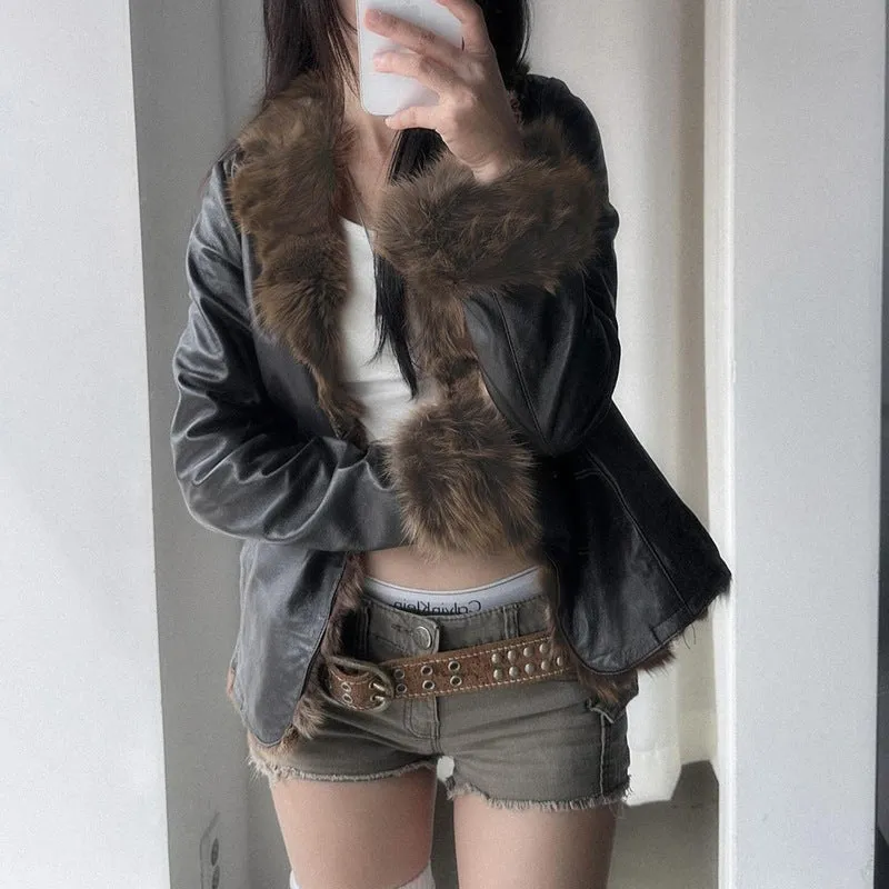 Uniwim cold weather outfits 2024 Autumn and Winter Maillard Fur Collar Leather Coat American Street Hot Girl Style Loose Cardigan Top