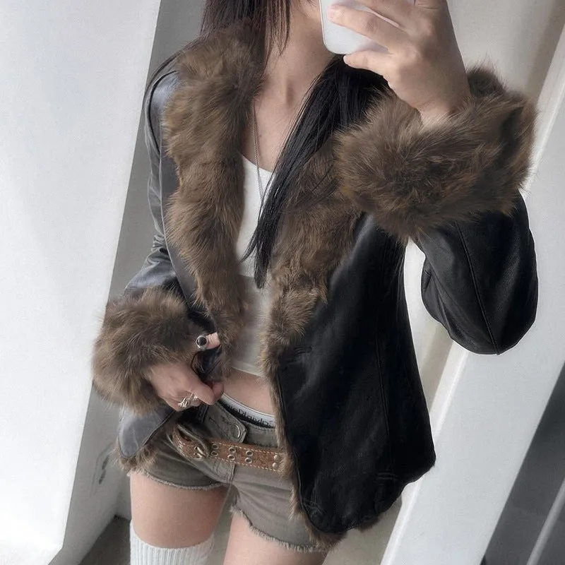 Uniwim cold weather outfits 2024 Autumn and Winter Maillard Fur Collar Leather Coat American Street Hot Girl Style Loose Cardigan Top