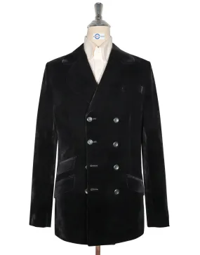 Velvet Jacket - Black Double Breasted Round Notch Lapel Jacket