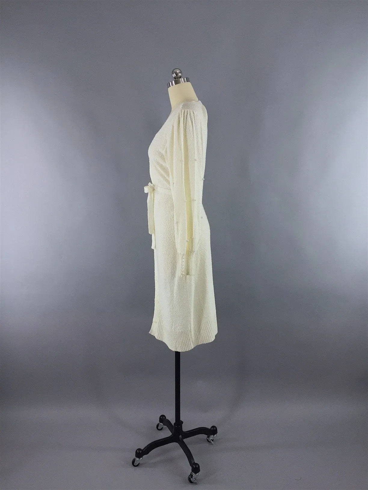 Vintage 1980s Sweater Dress / Ivory Knit with Pearl Trim