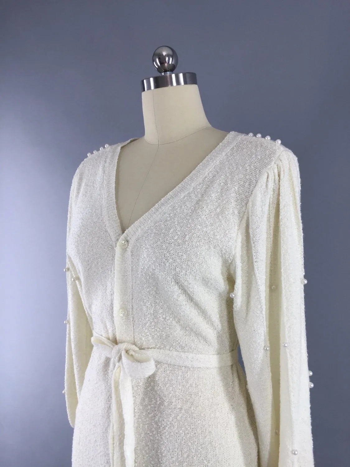 Vintage 1980s Sweater Dress / Ivory Knit with Pearl Trim