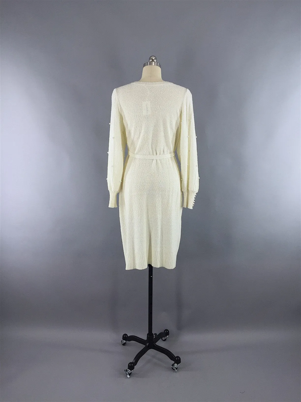 Vintage 1980s Sweater Dress / Ivory Knit with Pearl Trim