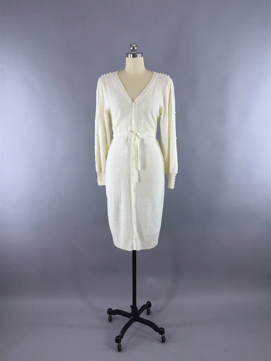 Vintage 1980s Sweater Dress / Ivory Knit with Pearl Trim