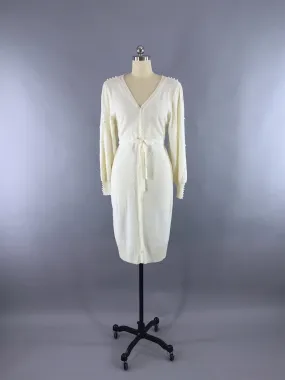 Vintage 1980s Sweater Dress / Ivory Knit with Pearl Trim