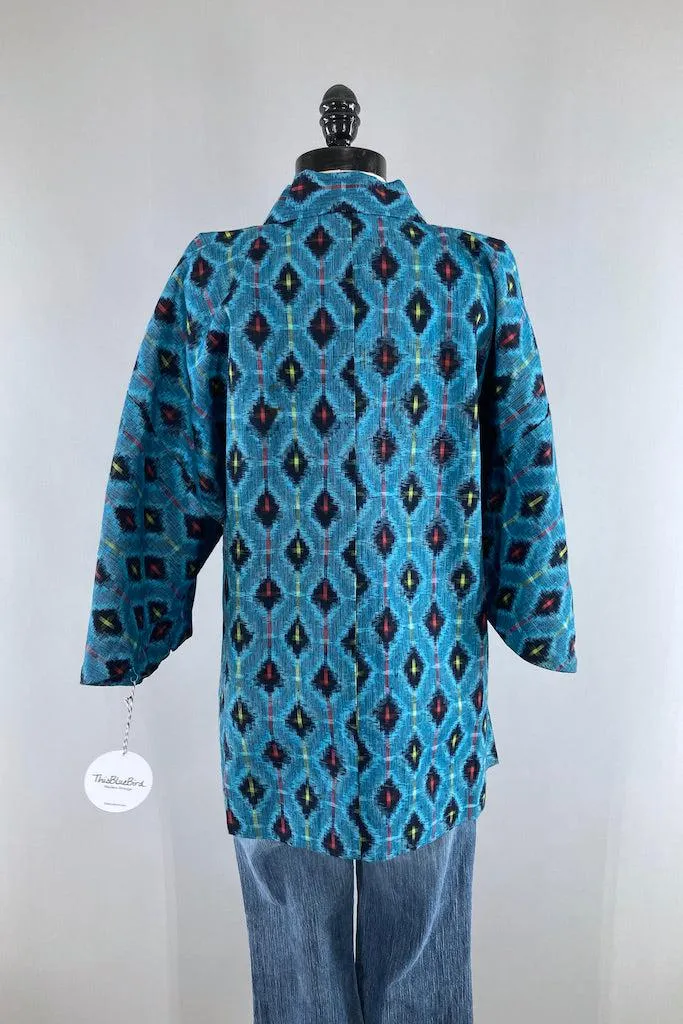 Vintage Aqua Blue Ikat Cotton Kimono Cardigan