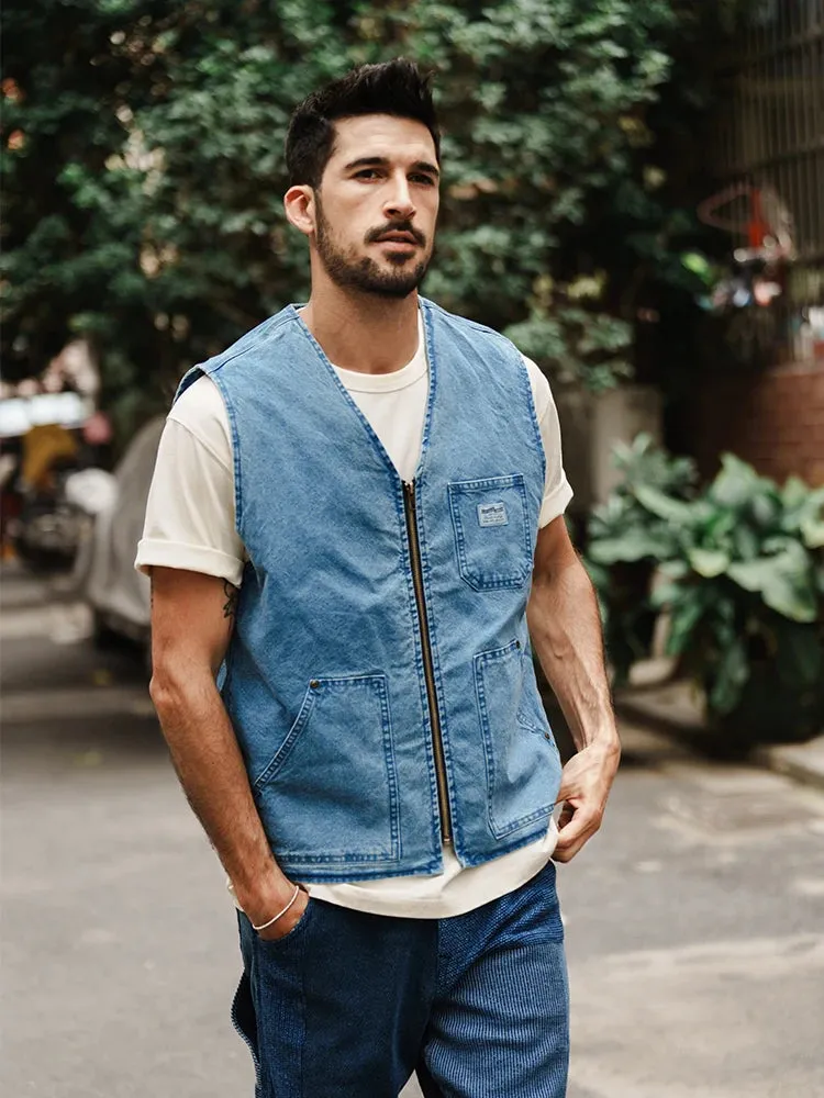 Vintage Denim Men's Sleeveless Vest Jacket Fishing Cargo Coats