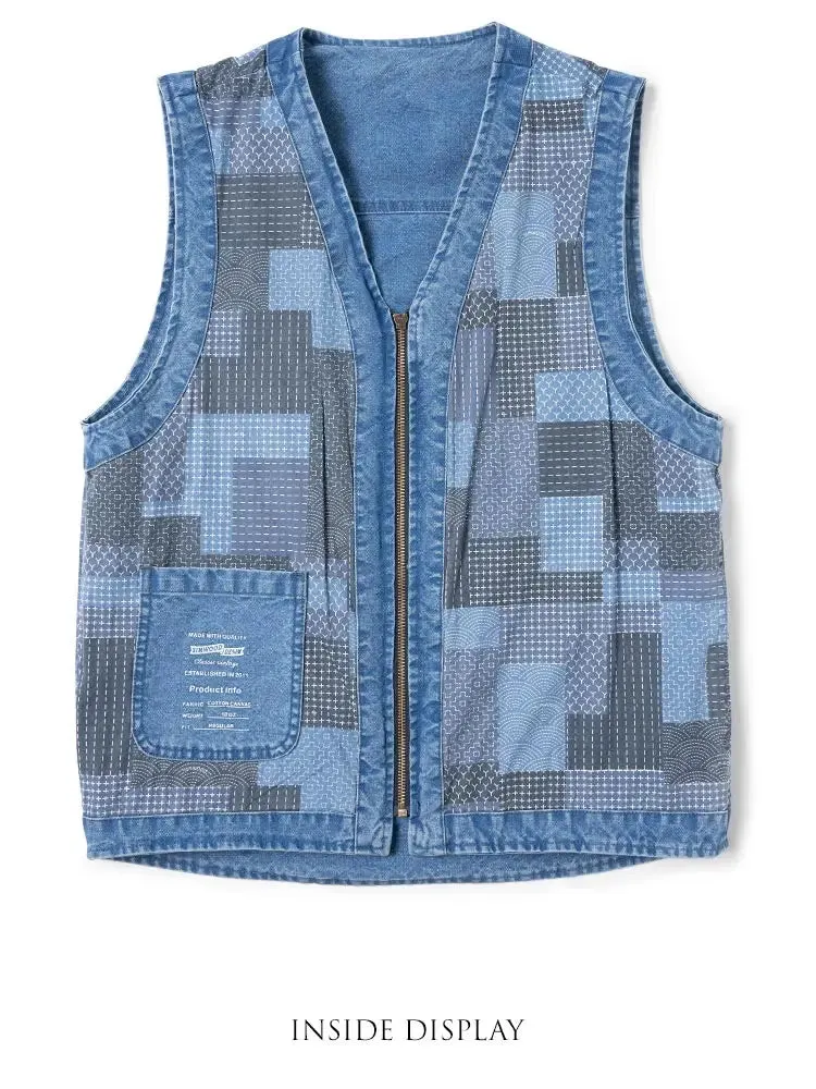 Vintage Denim Men's Sleeveless Vest Jacket Fishing Cargo Coats