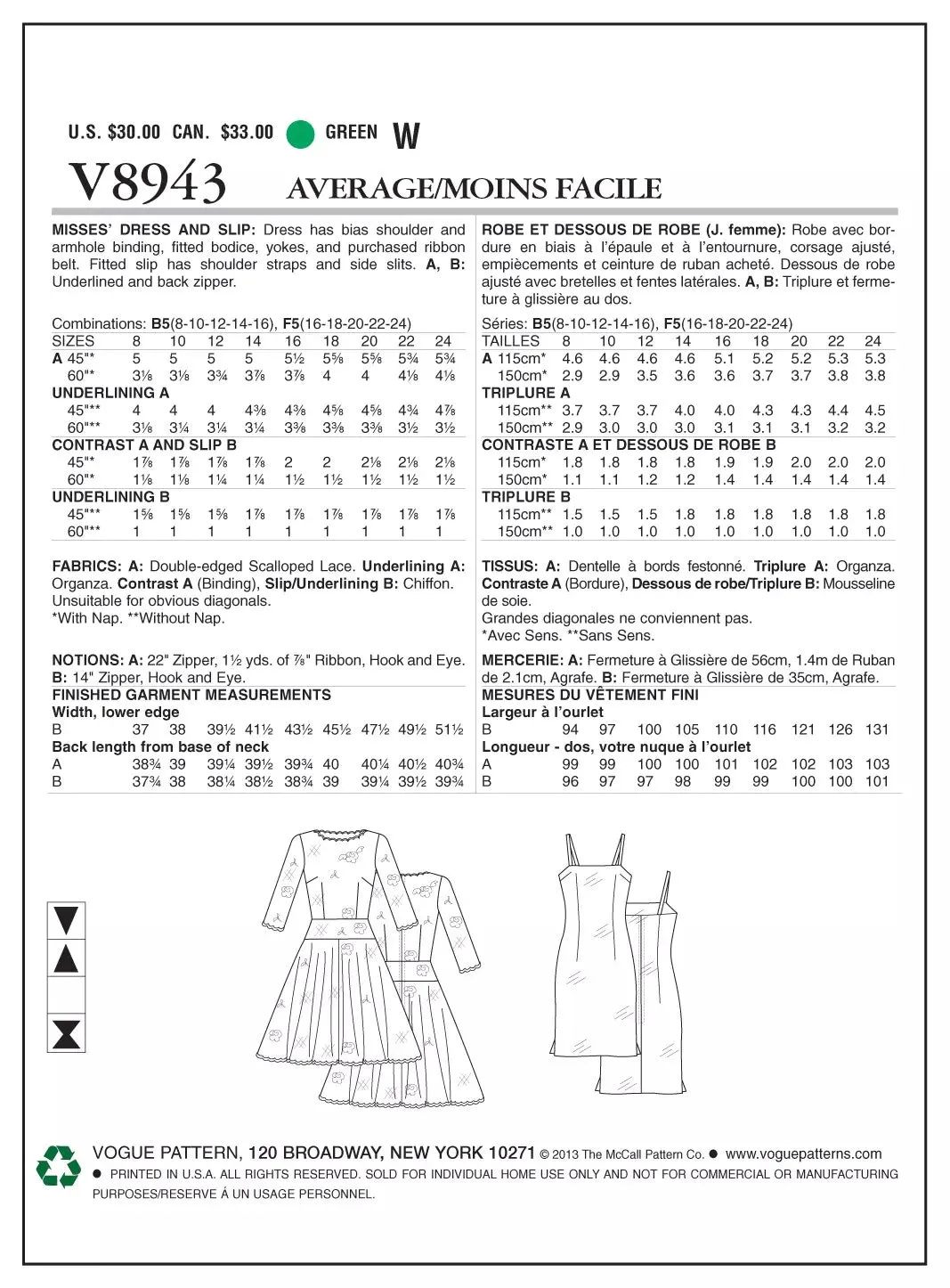 VOGUE PATTERNS 8943 MISSES' DRESS AND SLIP