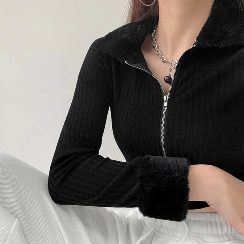 Wenkouban Fashion Fur Collar Long Sleeve Slim Knitted Cardigan Solid Color Screw Thread Open Navel Zipper Sweater Khz3