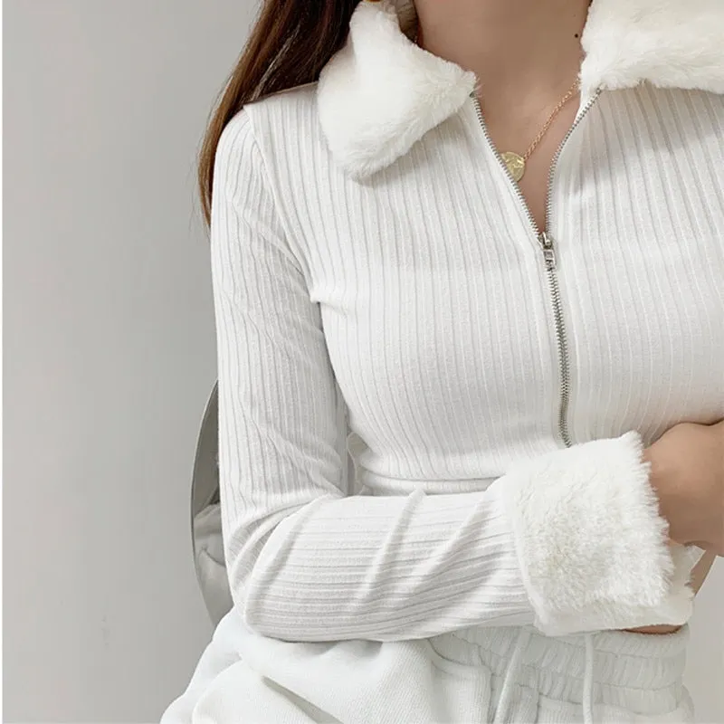 Wenkouban Fashion Fur Collar Long Sleeve Slim Knitted Cardigan Solid Color Screw Thread Open Navel Zipper Sweater Khz3