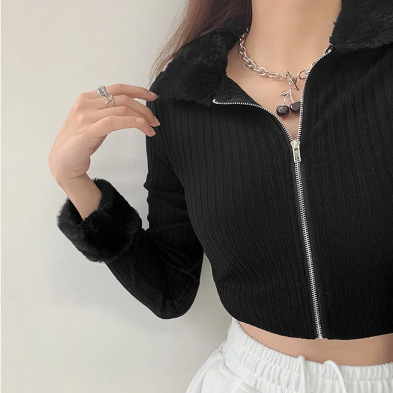 Wenkouban Fashion Fur Collar Long Sleeve Slim Knitted Cardigan Solid Color Screw Thread Open Navel Zipper Sweater Khz3