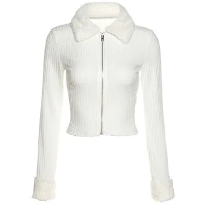 Wenkouban Fashion Fur Collar Long Sleeve Slim Knitted Cardigan Solid Color Screw Thread Open Navel Zipper Sweater Khz3