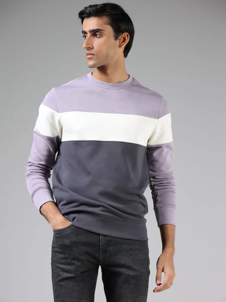 WES Casuals Lilac & Charcoal Colorblock Cotton Blend Relaxed-Fit Sweatshirt