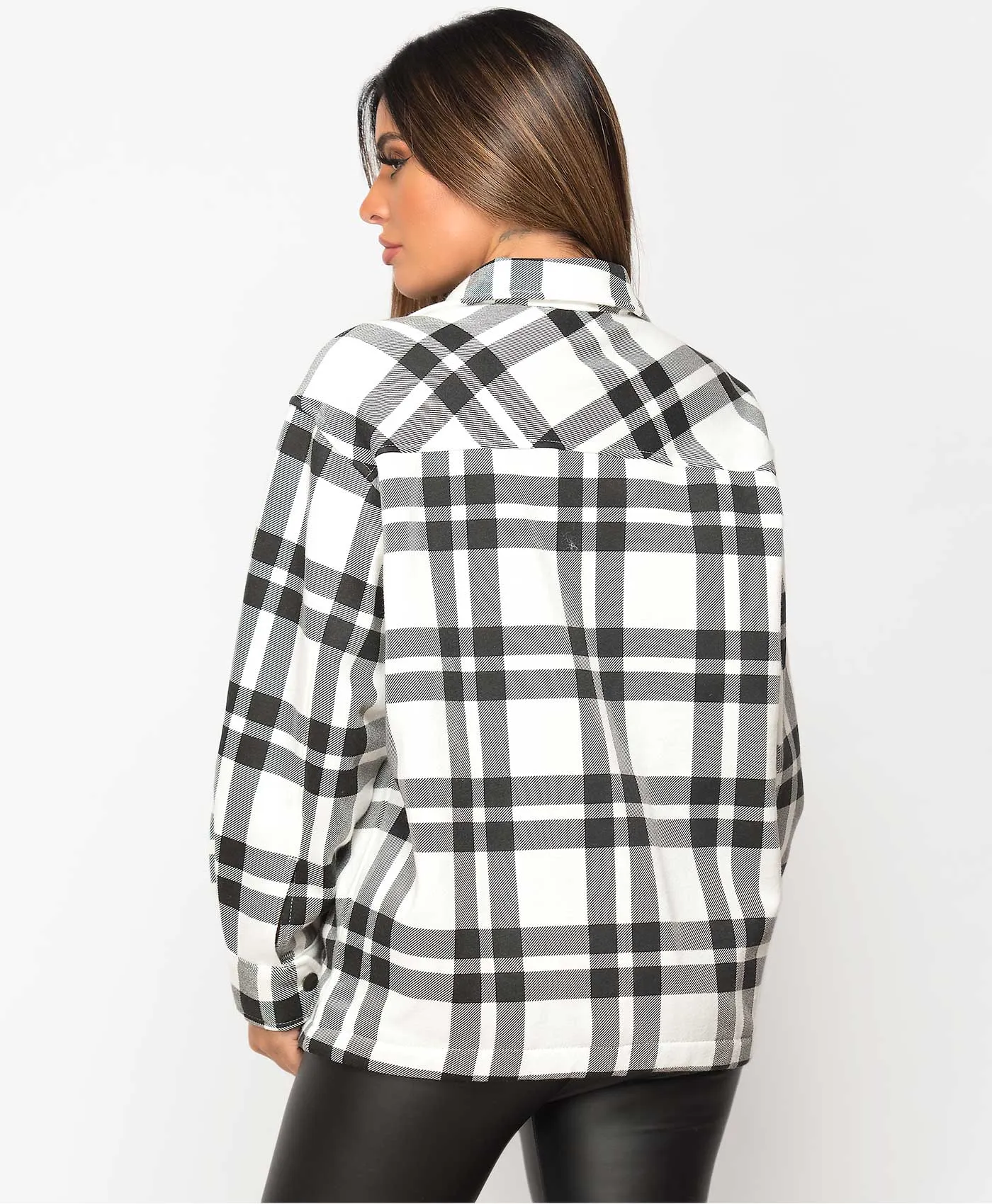 White Fleece Oversized Check Shirt Shacket