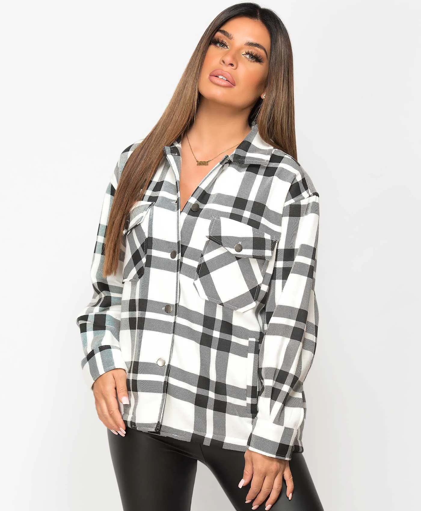 White Fleece Oversized Check Shirt Shacket