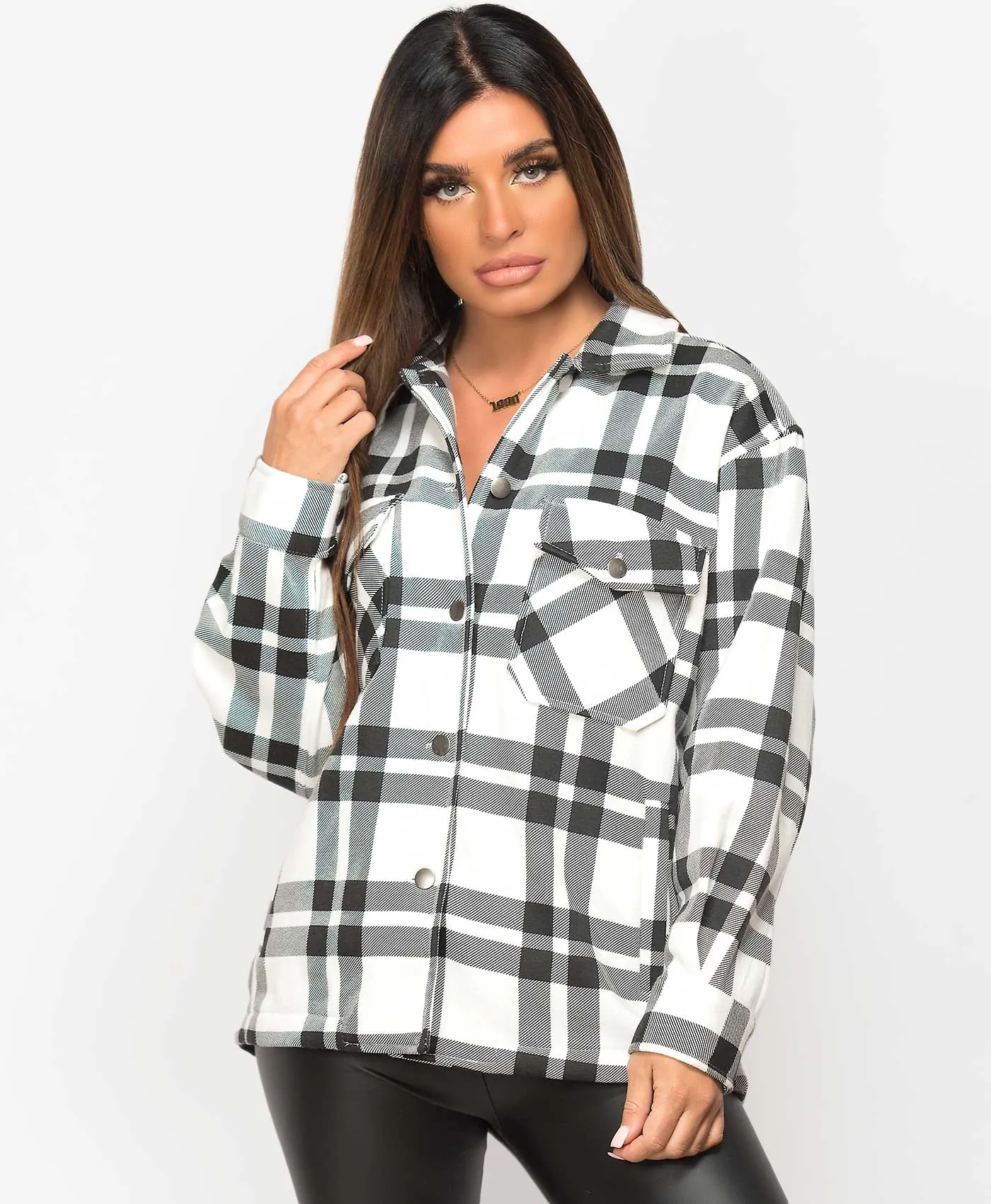 White Fleece Oversized Check Shirt Shacket