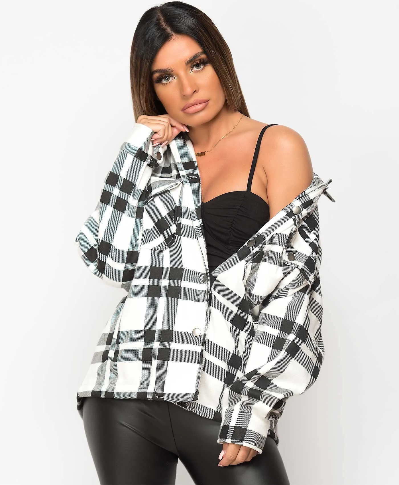 White Fleece Oversized Check Shirt Shacket