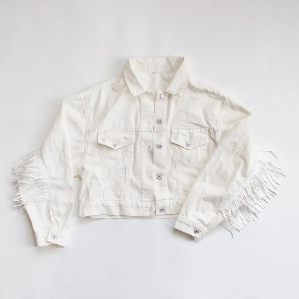 (White Fringe) Mrs White Fringe Denim Jacket