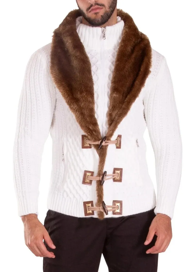 White Men's Sweaters with Fur collar Zipper Pockets