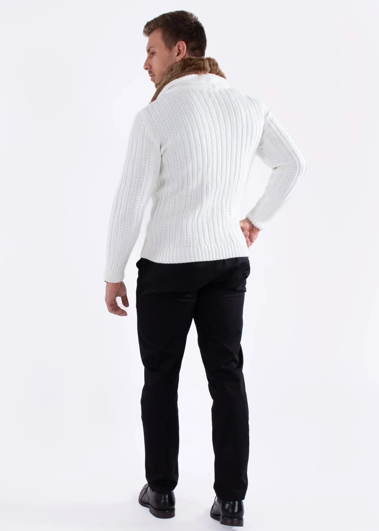 White Men's Sweaters with Fur collar Zipper Pockets