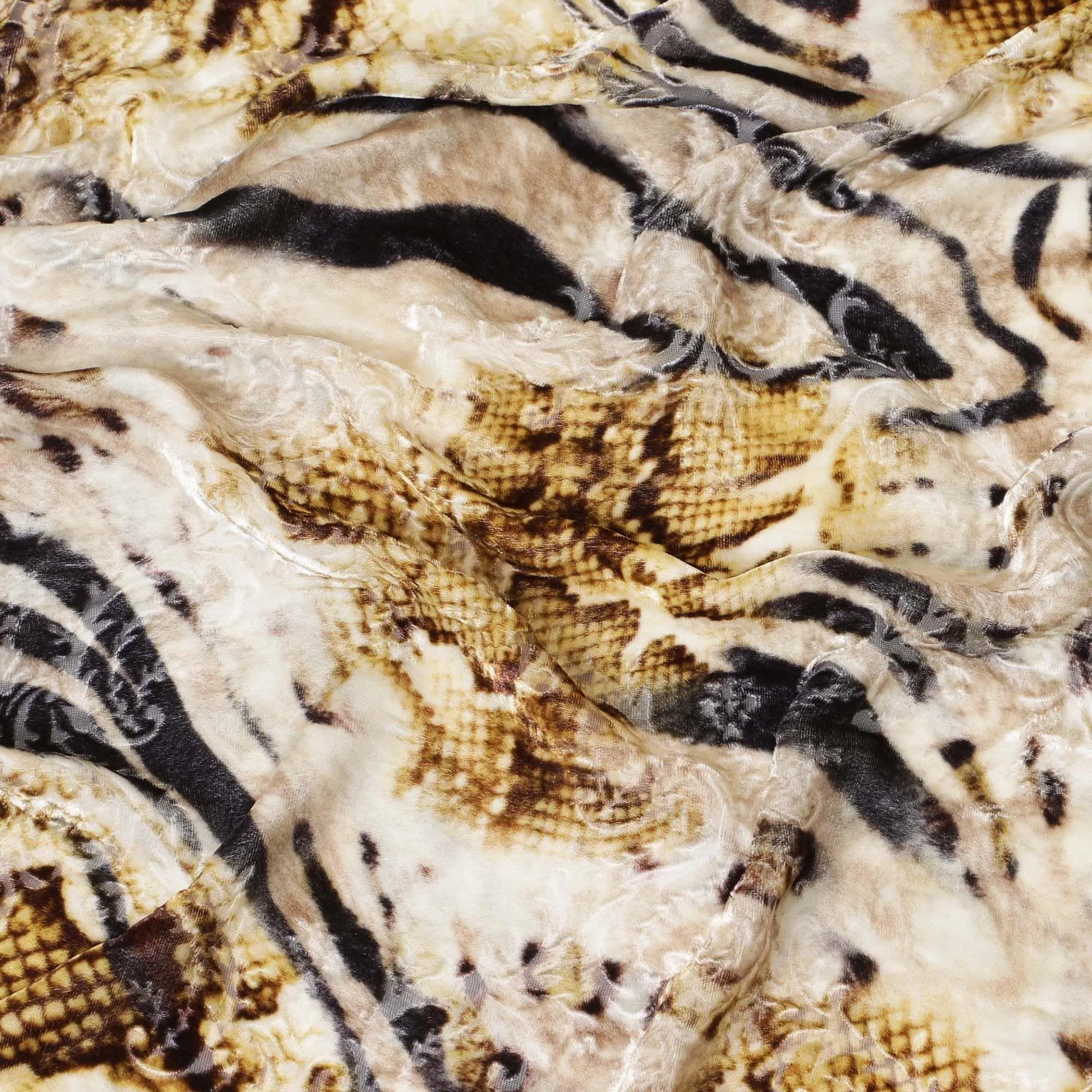 White Premium Italian silk chiffon dirac (makmal) fabric with black and brown print having velvet jacquard in animal skin design-D8687