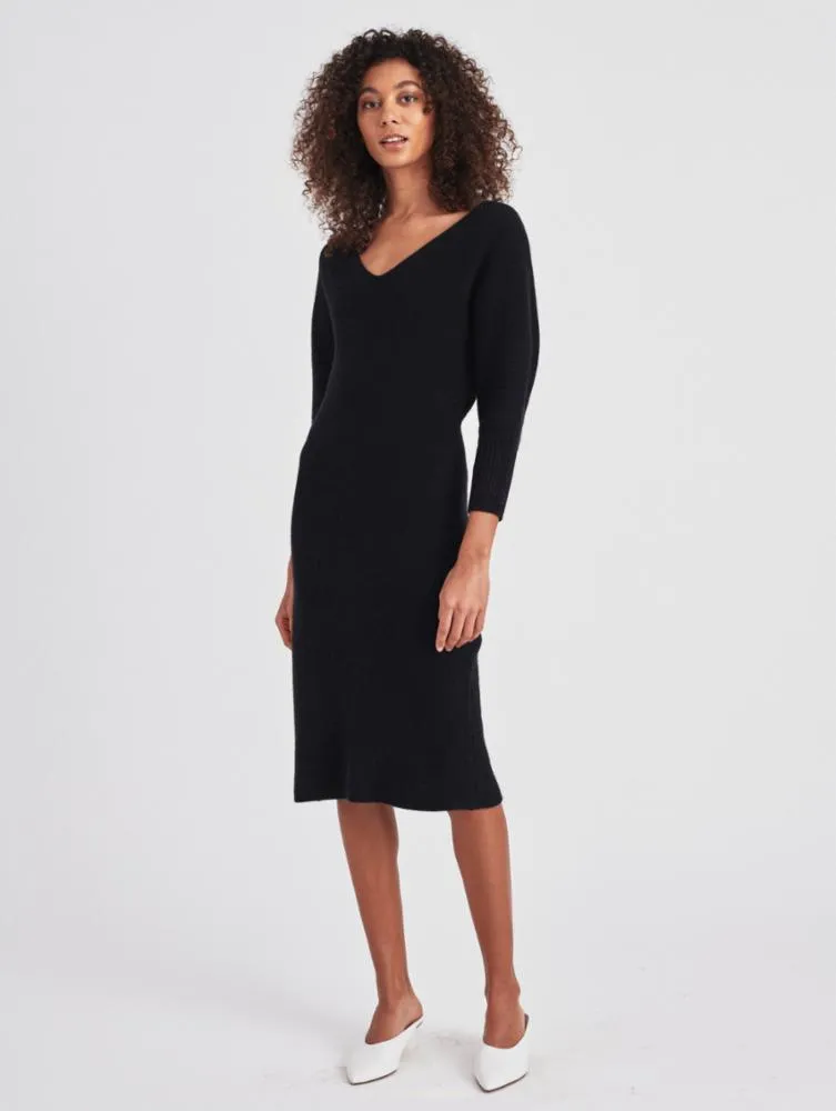 White   Warren - Cashmere Ribbed V Neck Dress in Black