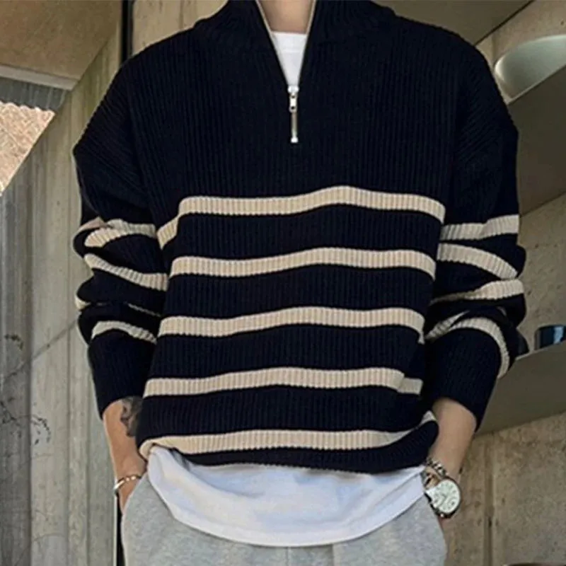 Wiaofellas  -  Autumn Clothing Men's Luxury Knitted Pullover Sweater Korean Turtleneck Zipper Long Sleeve Loose Stylish Knitwear New