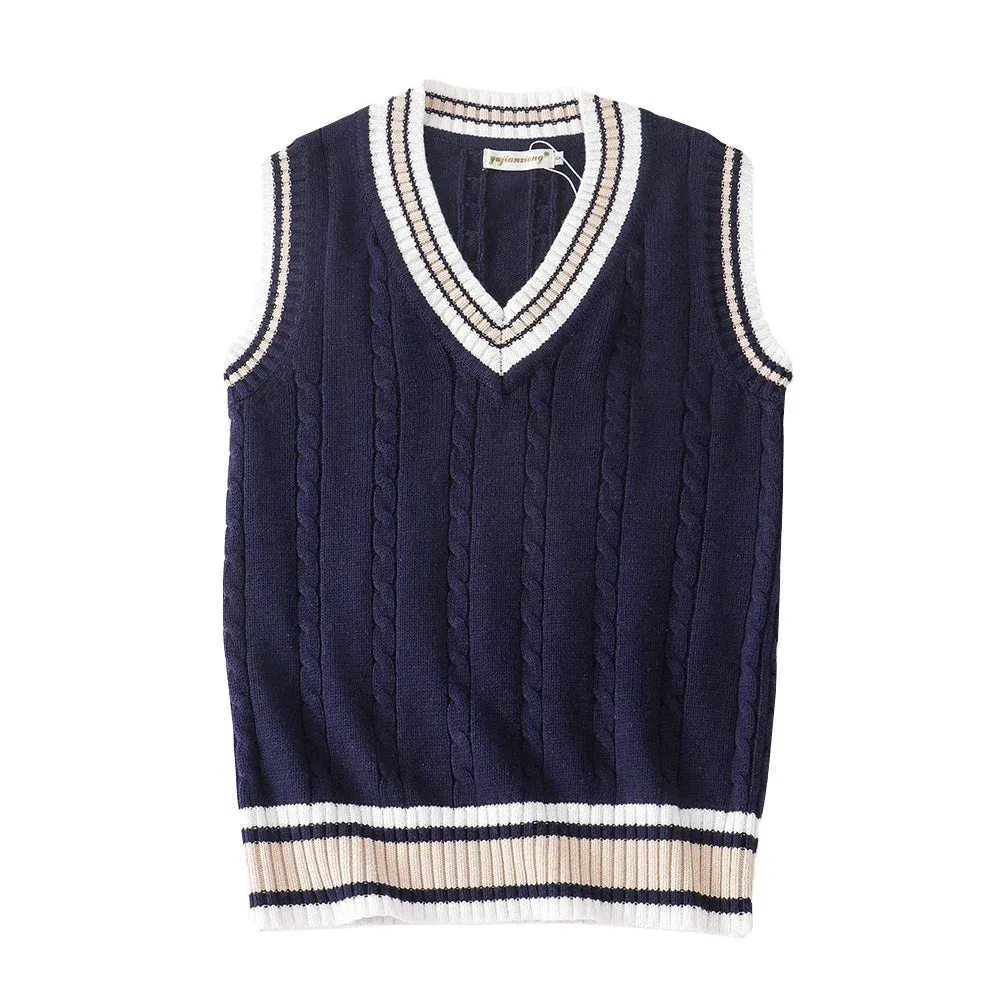 Wiaofellas  -  Sweater Vest Men Thicken V-neck Sleeveless Knitted Sweaters Vests Striped Retro Preppy-style Simple Chic Loose Casual All-match