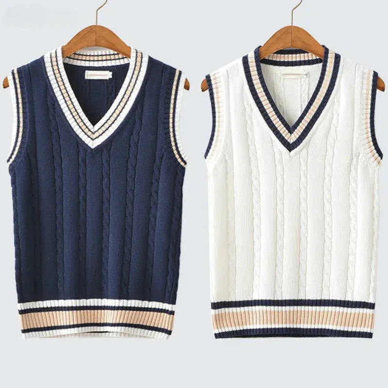 Wiaofellas  -  Sweater Vest Men Thicken V-neck Sleeveless Knitted Sweaters Vests Striped Retro Preppy-style Simple Chic Loose Casual All-match