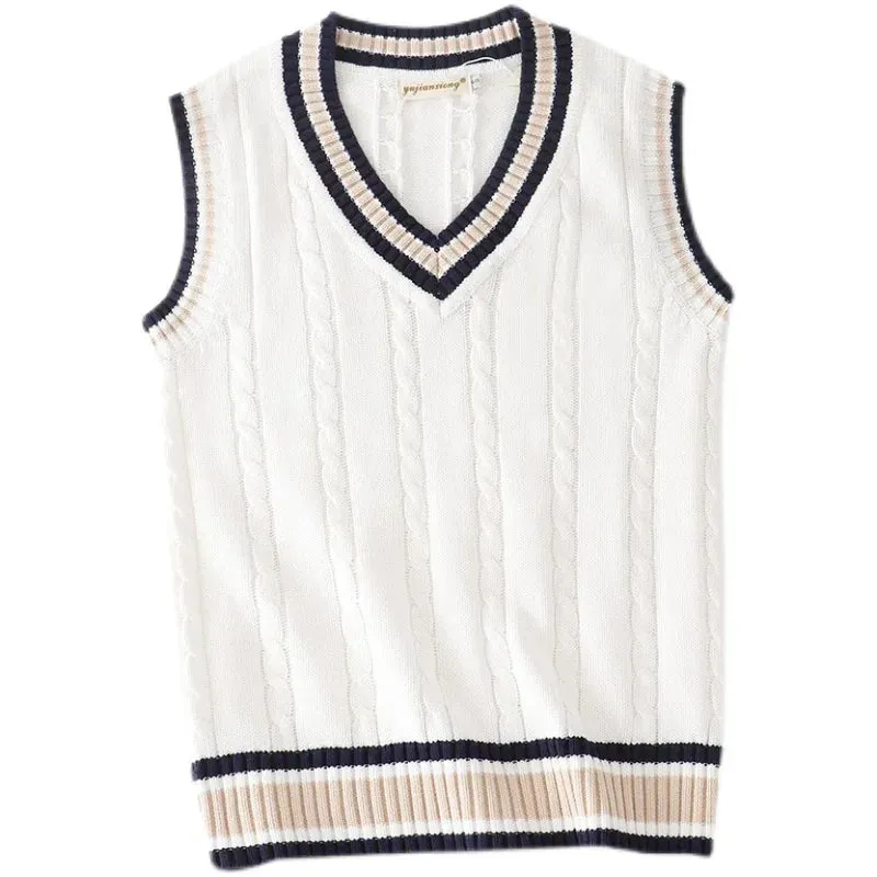 Wiaofellas  -  Sweater Vest Men Thicken V-neck Sleeveless Knitted Sweaters Vests Striped Retro Preppy-style Simple Chic Loose Casual All-match