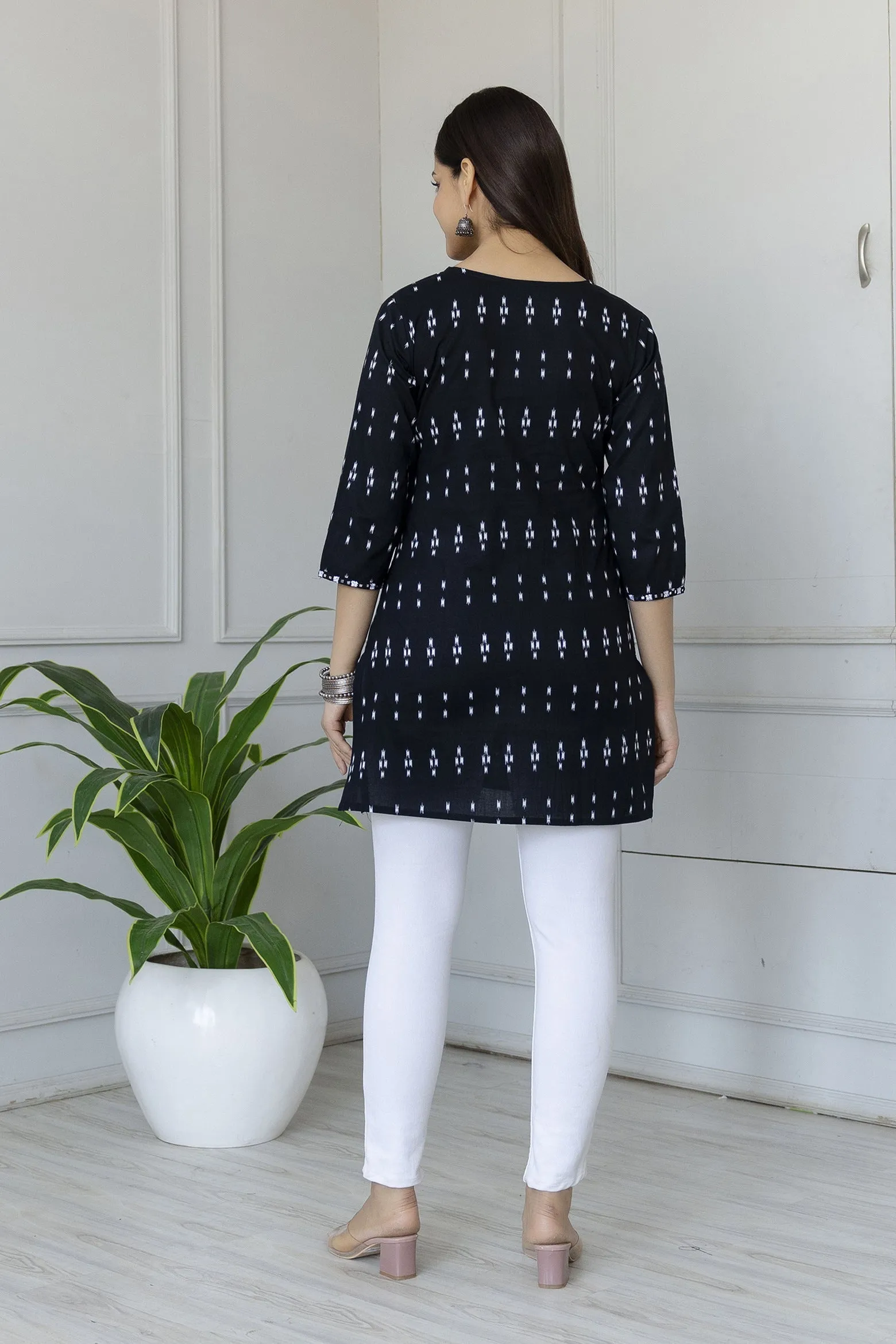 Women Black Straight Tunic With Embroidered Neck