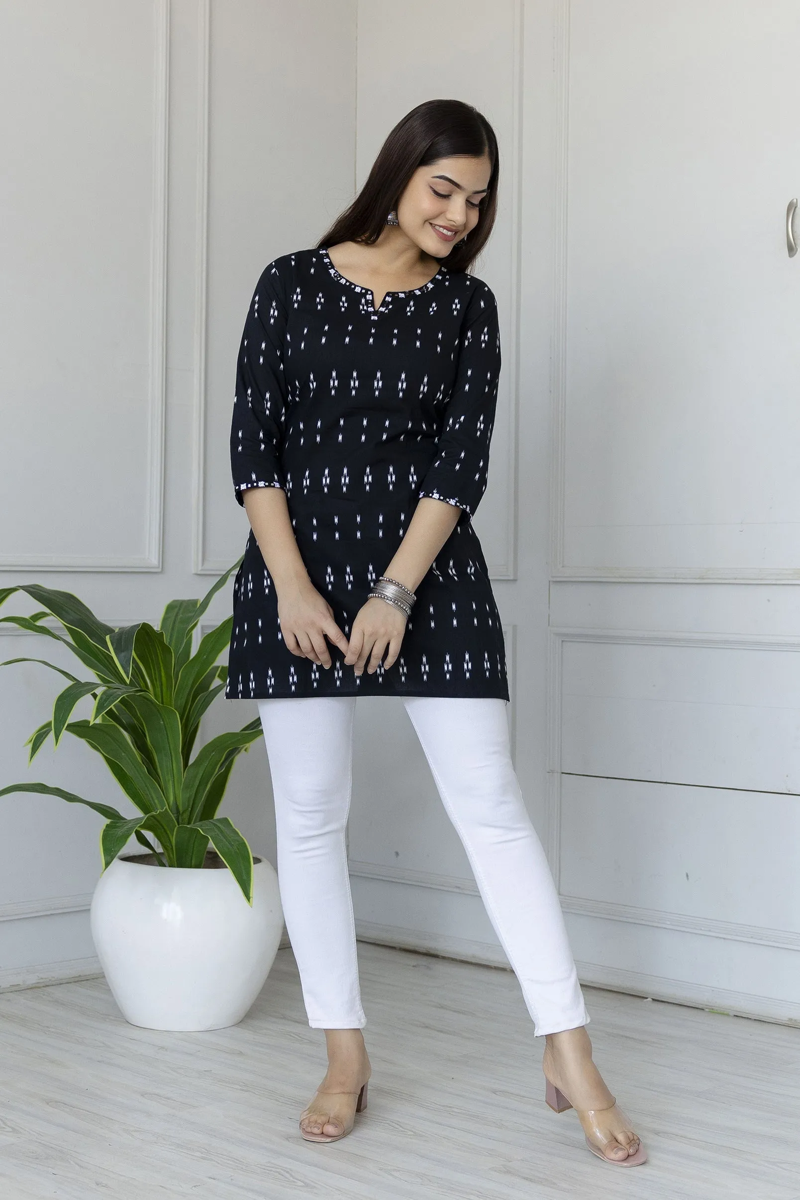 Women Black Straight Tunic With Embroidered Neck