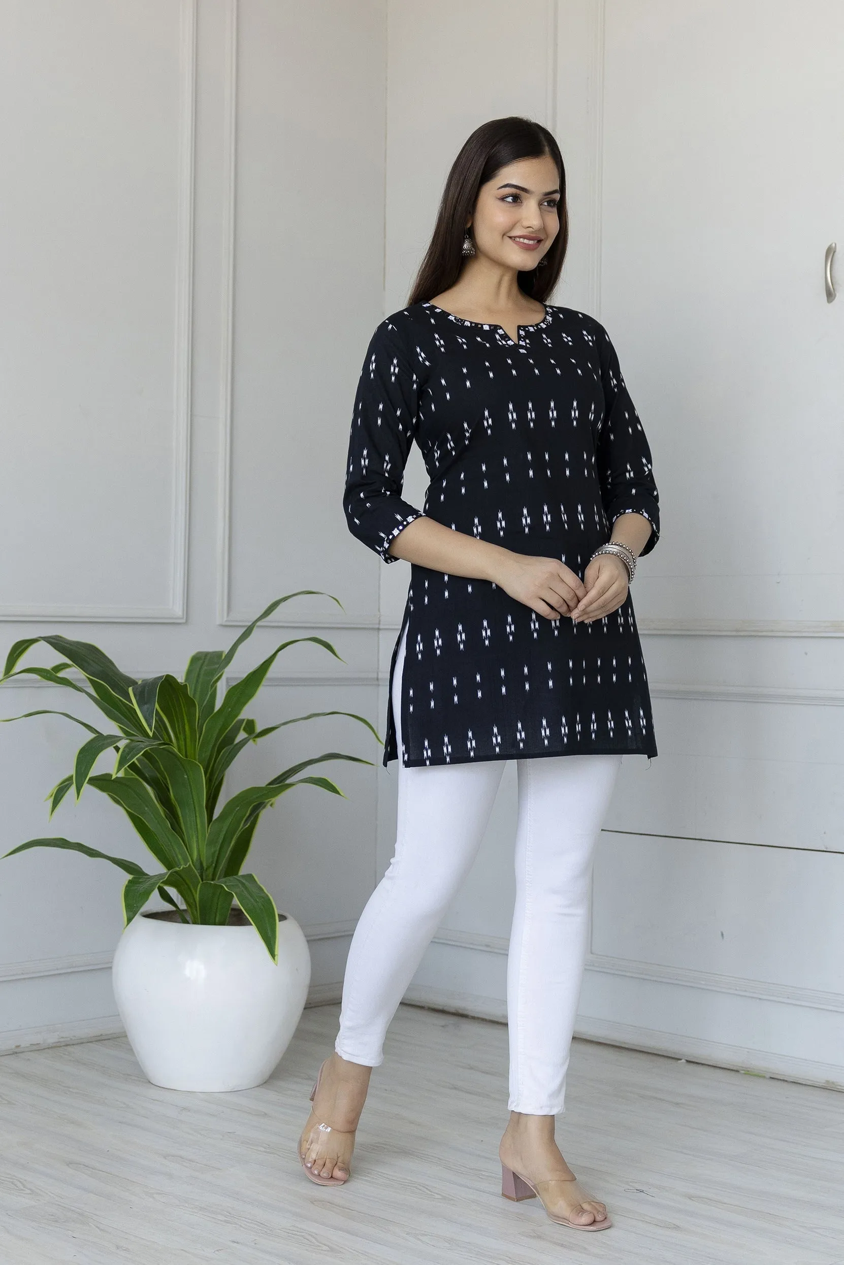 Women Black Straight Tunic With Embroidered Neck