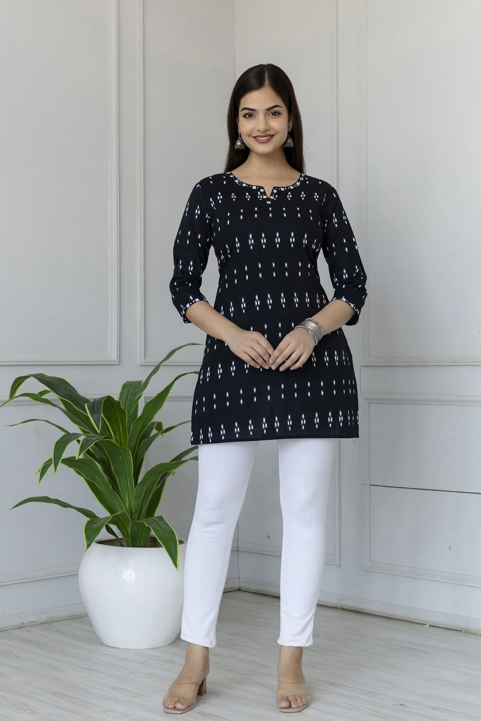 Women Black Straight Tunic With Embroidered Neck