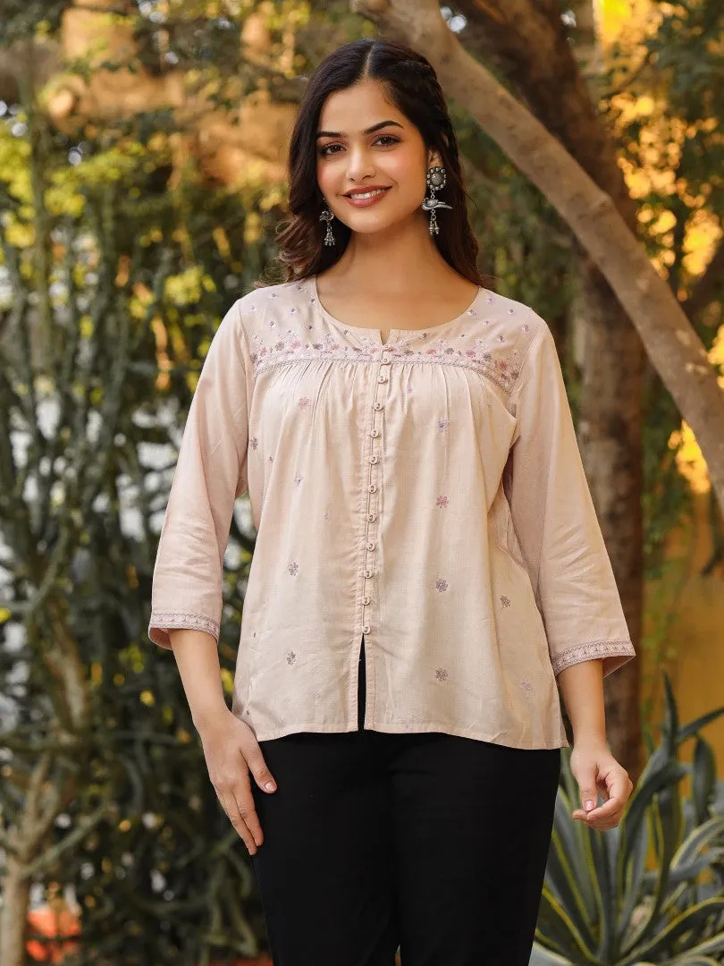 Women Nude Rayon Solid With Embroidered Tunic