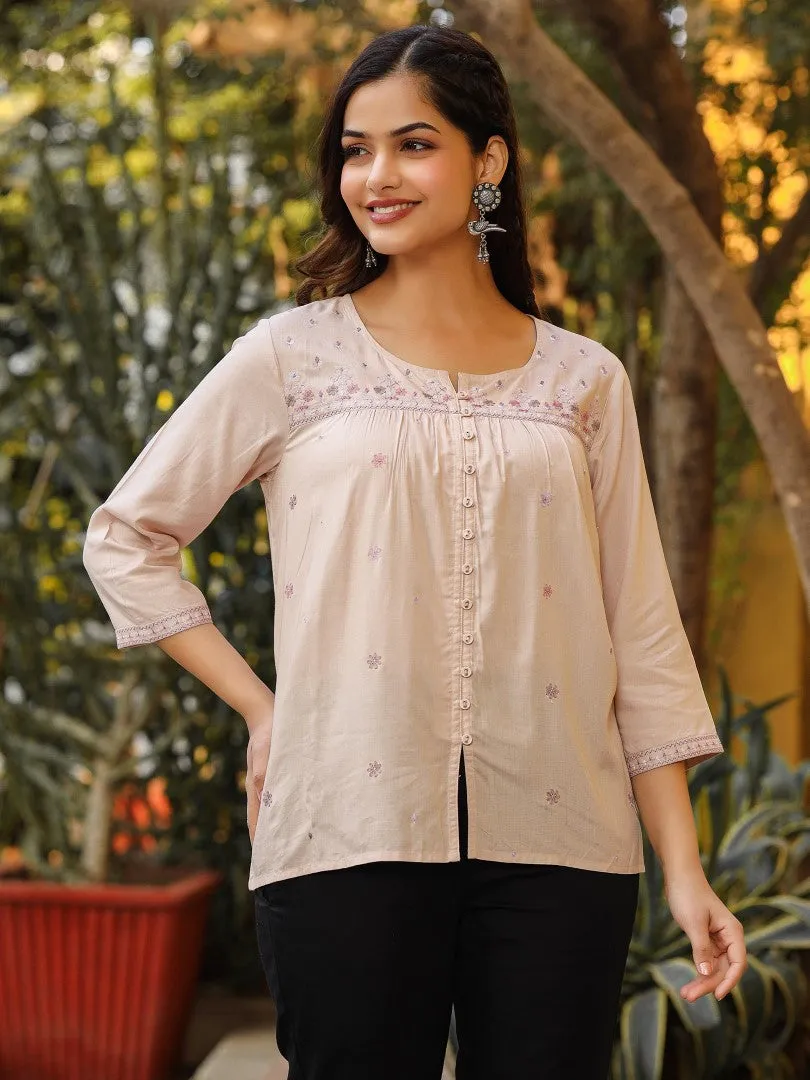 Women Nude Rayon Solid With Embroidered Tunic