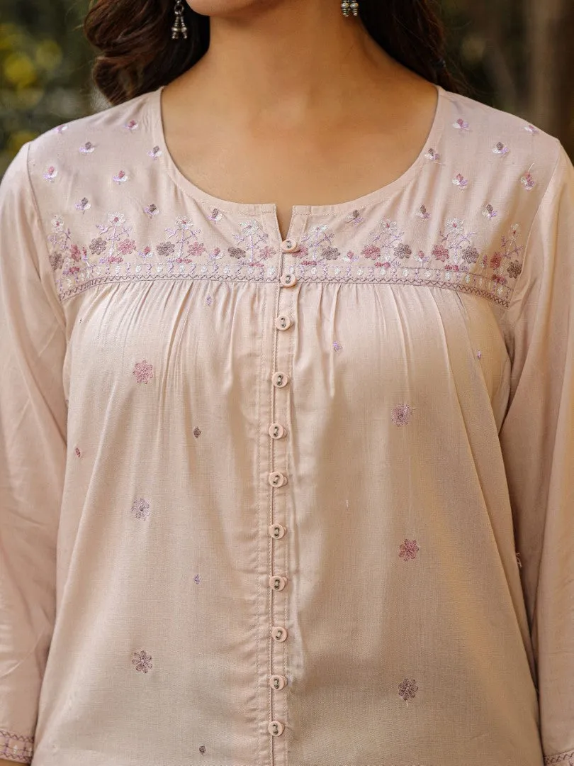 Women Nude Rayon Solid With Embroidered Tunic