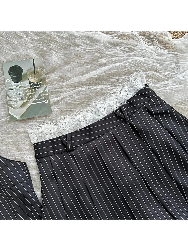 Women Old Money 2000s Aesthetic Cutecore Y2k Korean Fashion Outfits 2 Piece Set Striped Lace Vest    Hot Mini Pleated Skirts