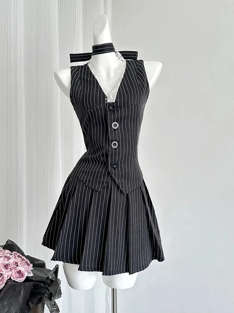 Women Old Money 2000s Aesthetic Cutecore Y2k Korean Fashion Outfits 2 Piece Set Striped Lace Vest    Hot Mini Pleated Skirts