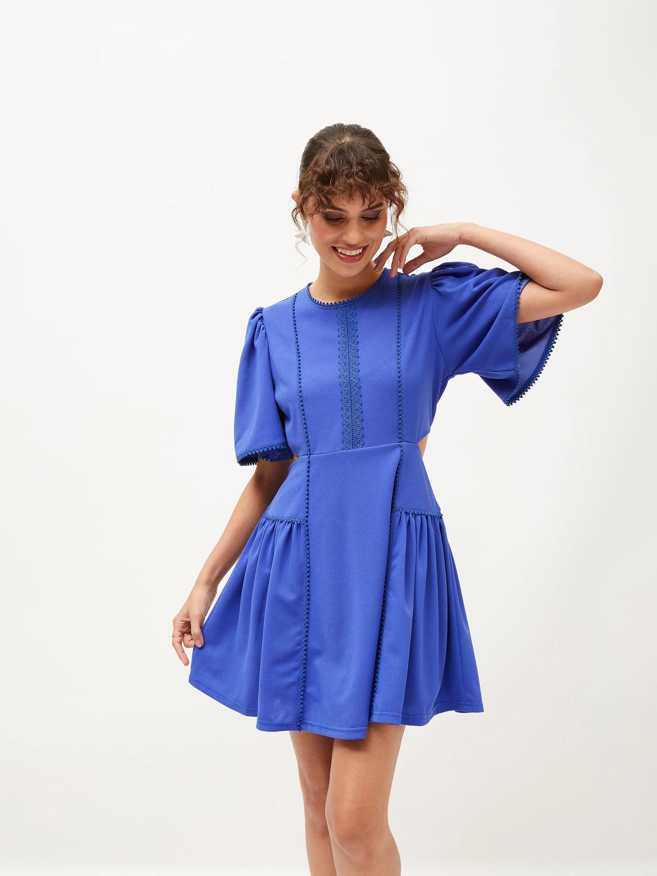 Women Royal Blue Side Cut Out Skater Dress