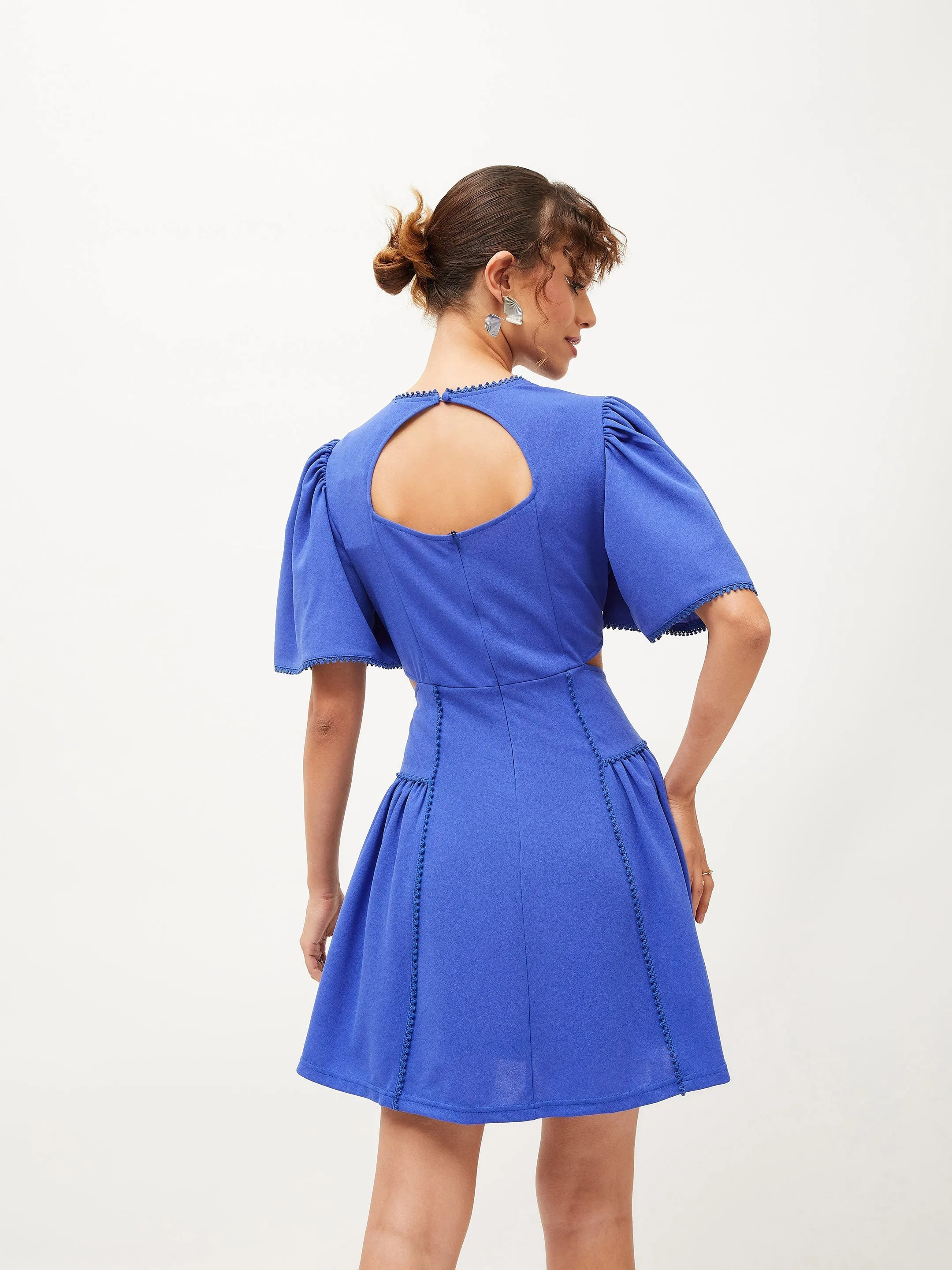 Women Royal Blue Side Cut Out Skater Dress