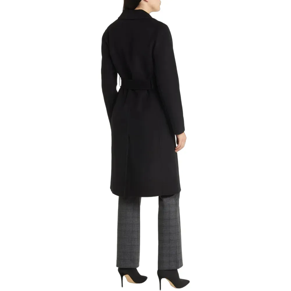 Womens Black Belted Wool Coat