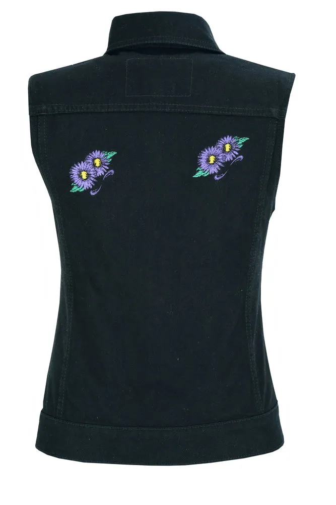 Women's Black Denim Snap Front Vest with Purple Daisy