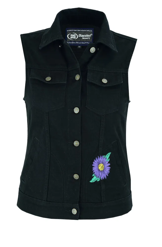 Women's Black Denim Snap Front Vest with Purple Daisy