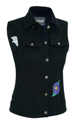 Women's Black Denim Snap Front Vest with Purple Daisy