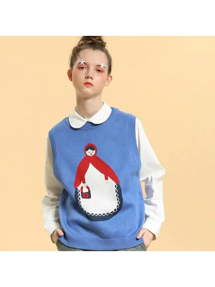 Women's Cartoon Embroidery Knitted Sweaters Blue Sleeveless Vest Winter Warm O-Neck Female Jumpers Pullovers