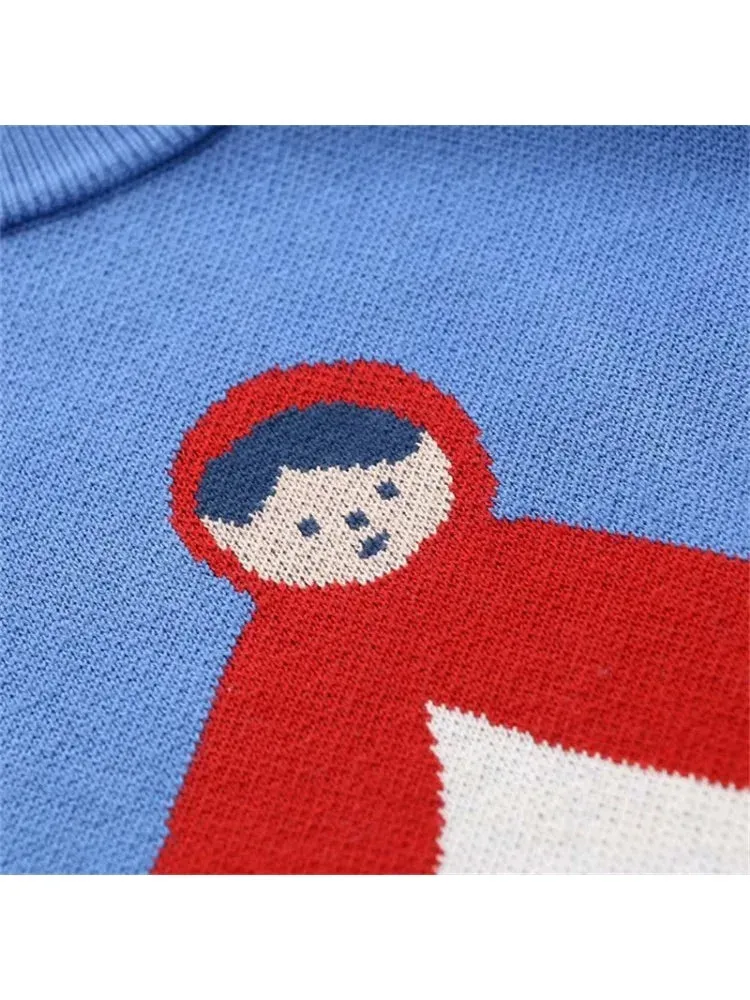 Women's Cartoon Embroidery Knitted Sweaters Blue Sleeveless Vest Winter Warm O-Neck Female Jumpers Pullovers