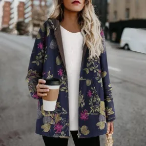 Women's Fashion Leaves Floral Print Fluffy Fur Hooded Long Sleeve Vintage Casual Coat