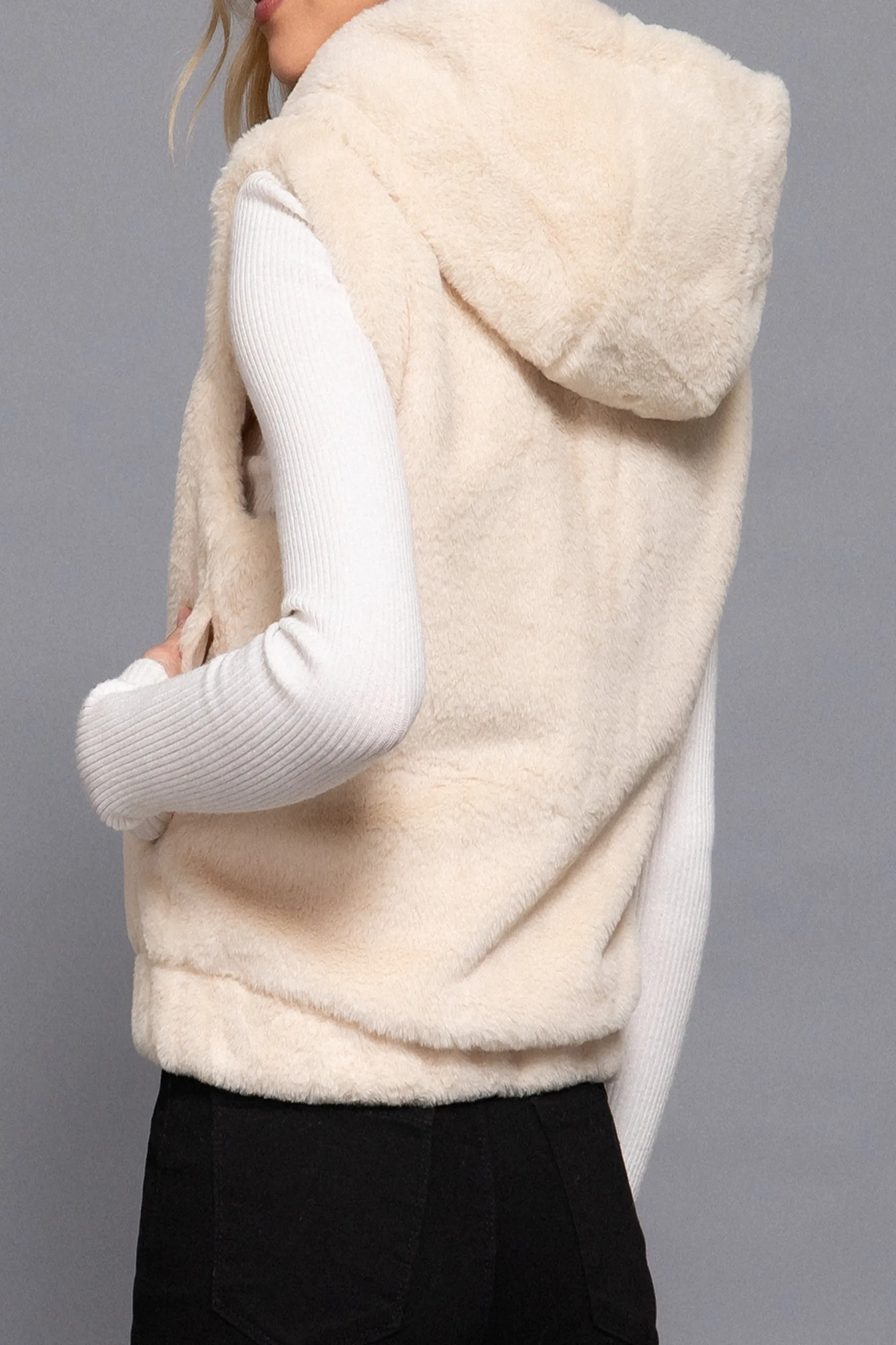 Women's Hooded Faux Fur Vest - Soft Polyester, Sleeveless Layering Vest