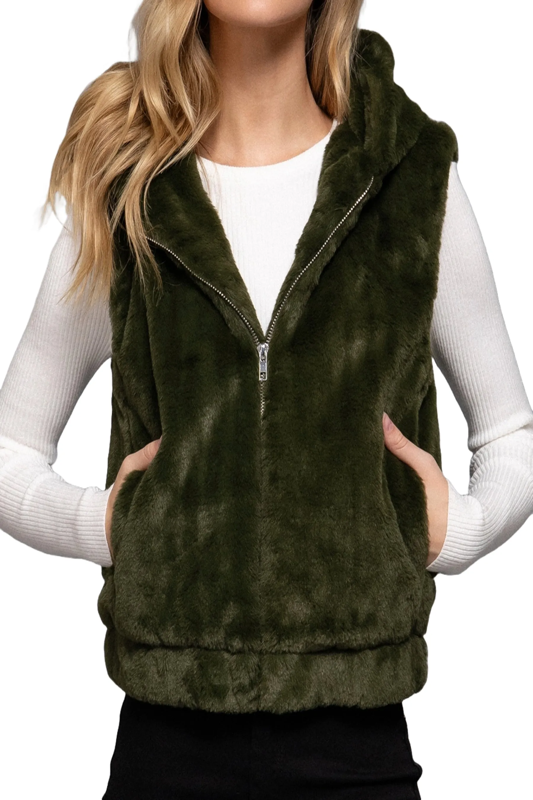 Women's Hooded Faux Fur Vest - Soft Polyester, Sleeveless Layering Vest